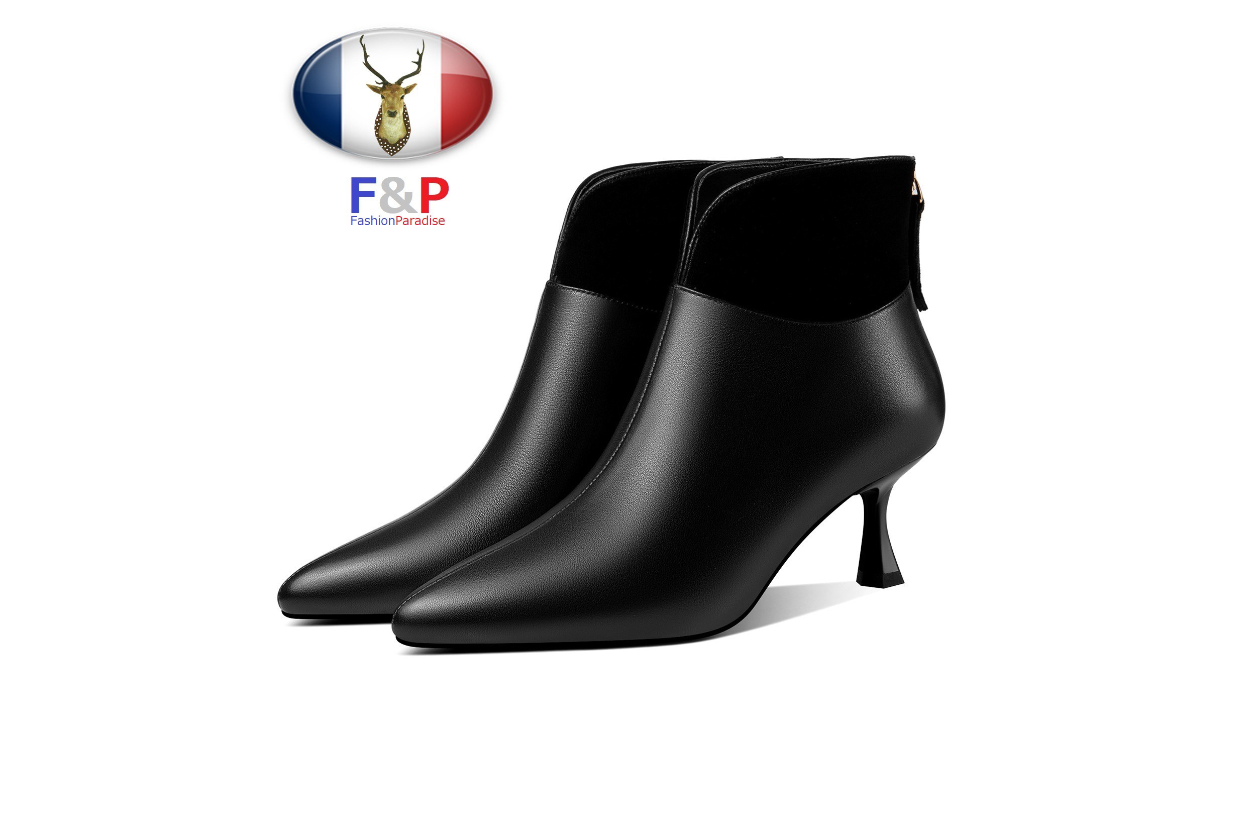 ポインテッドトゥハラコレザーコンビスエードラムレザーショートブーツ筒丈12cm全2色