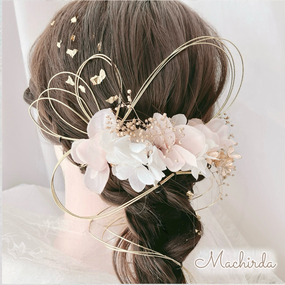 【D-46】髪飾り 成人式 卒業式 結婚式 桜色 × ゴールド ニュアンスカラー 水引き ドライフラワー 袴 2枚目の画像