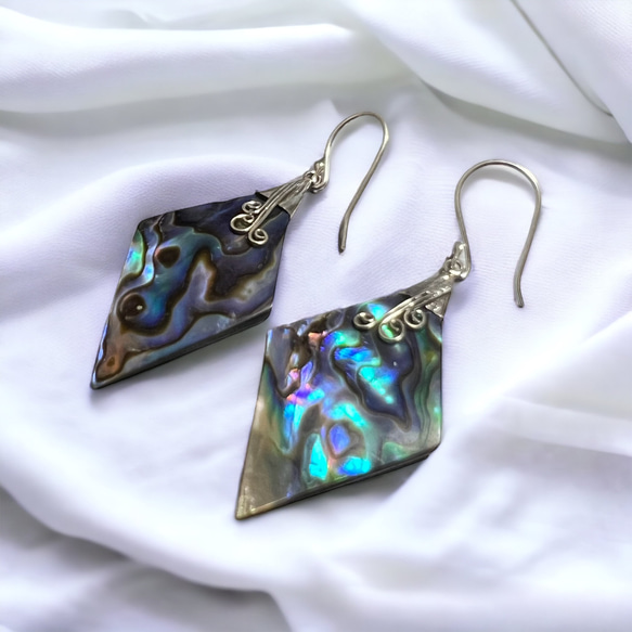 Abalone Style Rhombus　銀線細工　アバロンシェル　アワビ　菱形　ピアスまはイヤリング 1枚目の画像