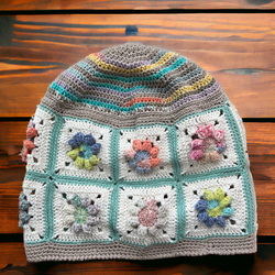 春夏コットン糸のモチーフ編みつなぎニット帽子　フワリ　母の日 2枚目の画像