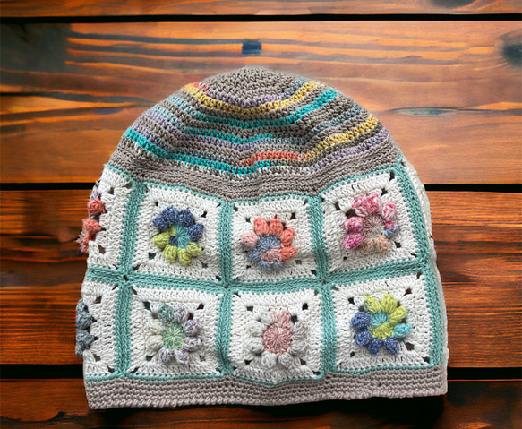 春夏コットン糸のモチーフ編みつなぎニット帽子　フワリ　母の日 2枚目の画像