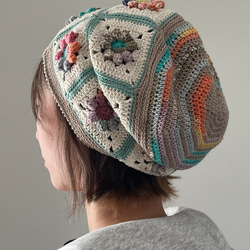 春夏コットン糸のモチーフ編みつなぎニット帽子　フワリ　母の日 1枚目の画像