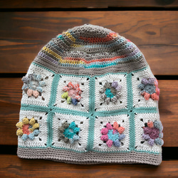 春夏コットン糸のモチーフ編みつなぎニット帽子　フワリ　母の日 4枚目の画像