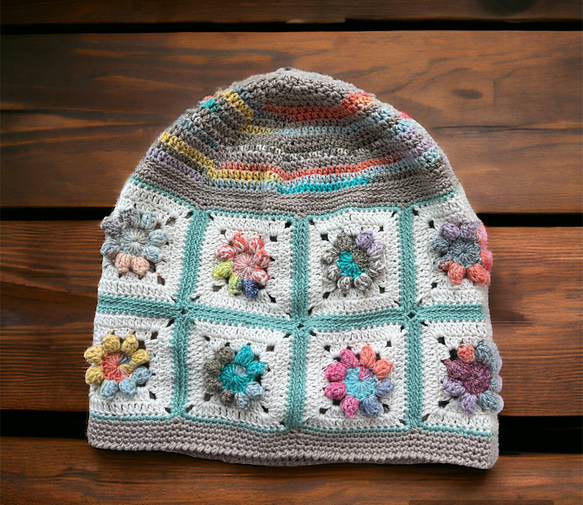 春夏コットン糸のモチーフ編みつなぎニット帽子　フワリ　母の日 4枚目の画像