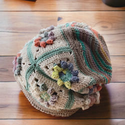 春夏コットン糸のモチーフ編みつなぎニット帽子　フワリ　母の日 3枚目の画像