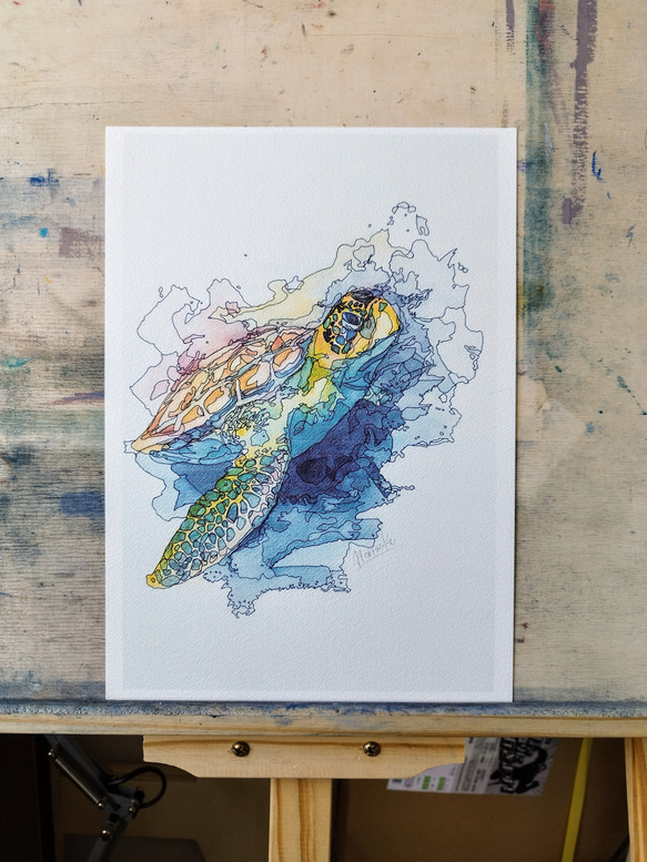 ペン画/水彩画/動物/アート】ウミガメ 絵画 moriwaki artworks ペン画/水彩画/動物/アート】ウミガメ 絵画 moriwaki artworks