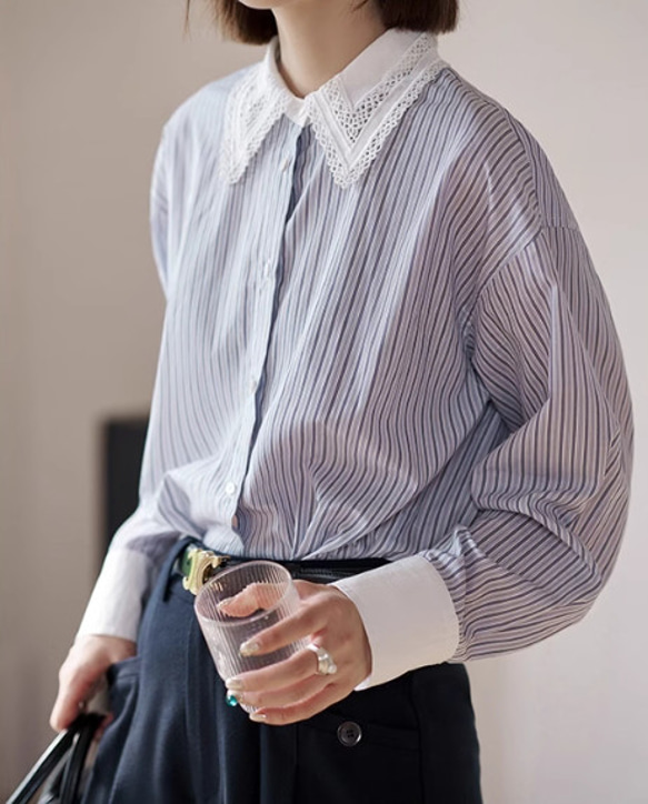 新品未使用⭐︎MAISON SPECIAL ストライプ柄レース襟長袖シャツ レース付き襟 ストライプシャツ 長袖シャツ ブラウス hellodream 通販