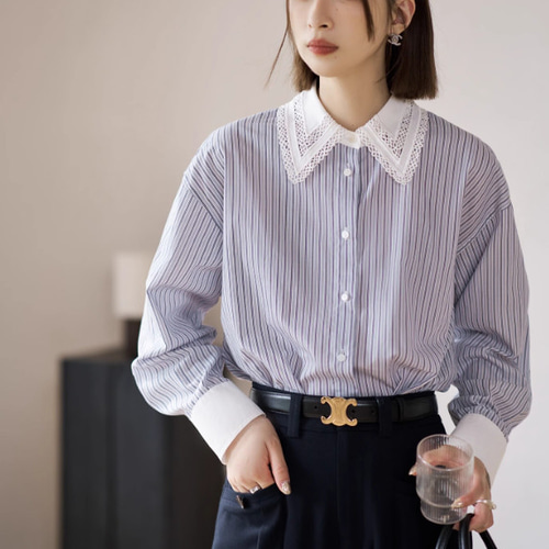 レース付き襟 ストライプシャツ 長袖シャツ ブラウス hellodream 通販