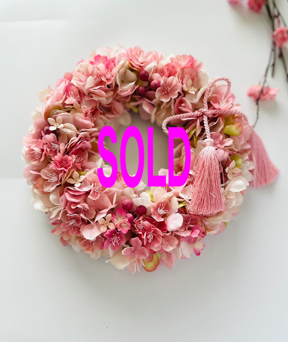 専用作品♡大人お洒落な春桜リース♡フラワーリース♡玄関♡造花♡ 桜リース 春リース しだれ桜と葉桜のリース 造花リース アーティ