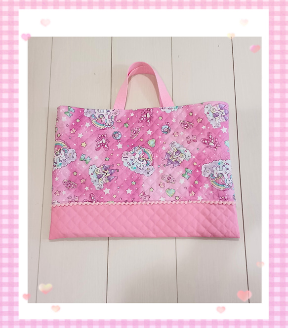 ハンドメイド レッスンバッグ 上履き入れ キルティング ドット柄 ピンク ハンドメイド レッスンバッグ 上履き入れ キルティング ドット柄