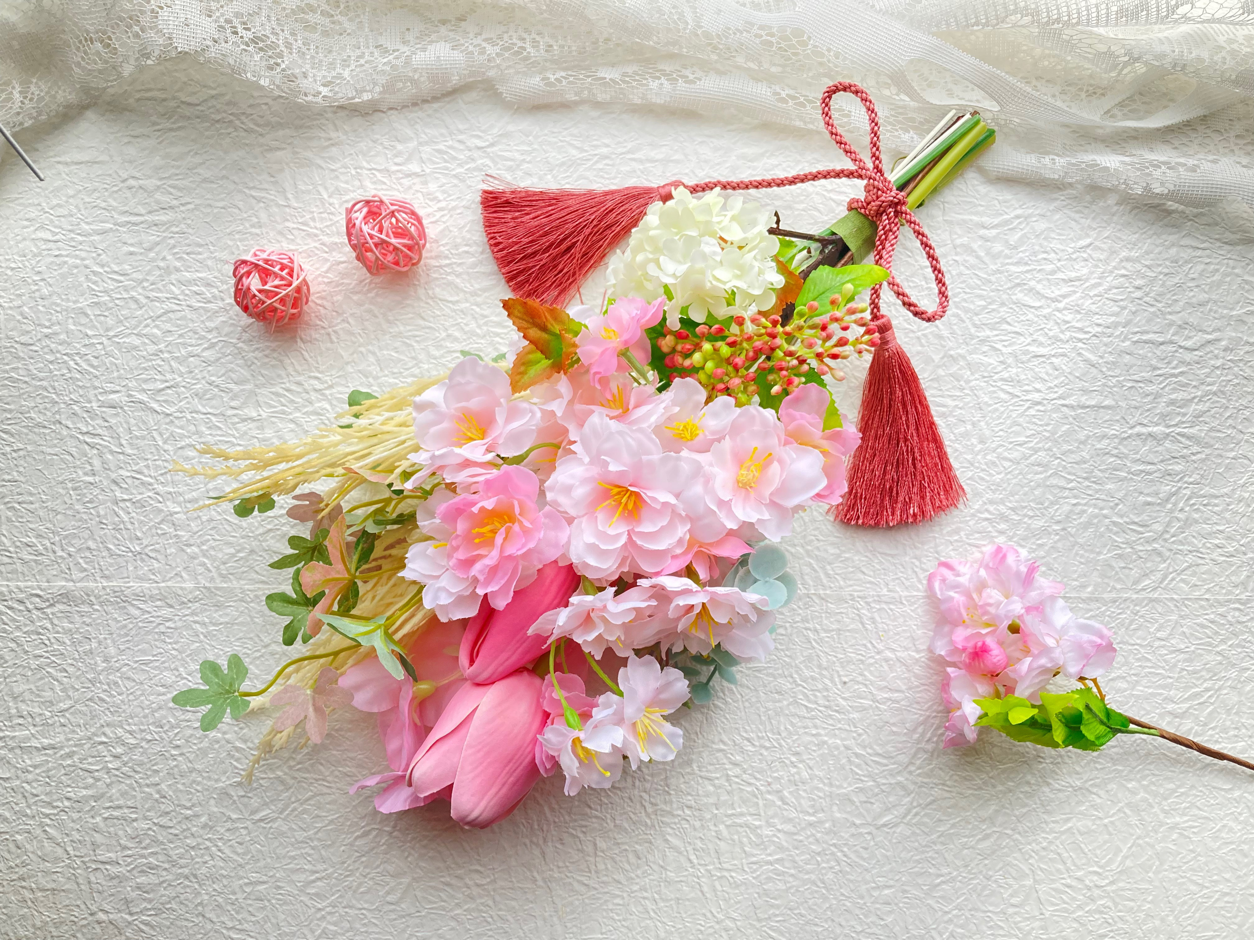 アーティフィシャルフラワーさくらチューリップピンクスワッグ 春のインテリア お家でお花見 母の日敬老の日ギフト 誕生日