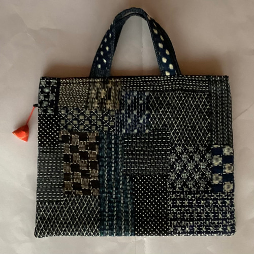 古布家紋刺し子トートバッグ 古布のしま 格子に刺し子のトートバッグ (1) トートバッグ