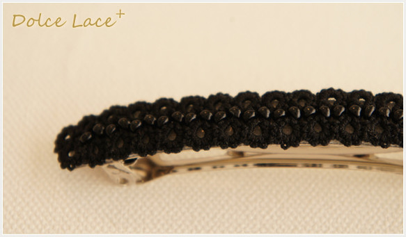 * spiraea Lace * 手編みタティングレースのバレッタ Black×Black LLサイズ 2枚目の画像