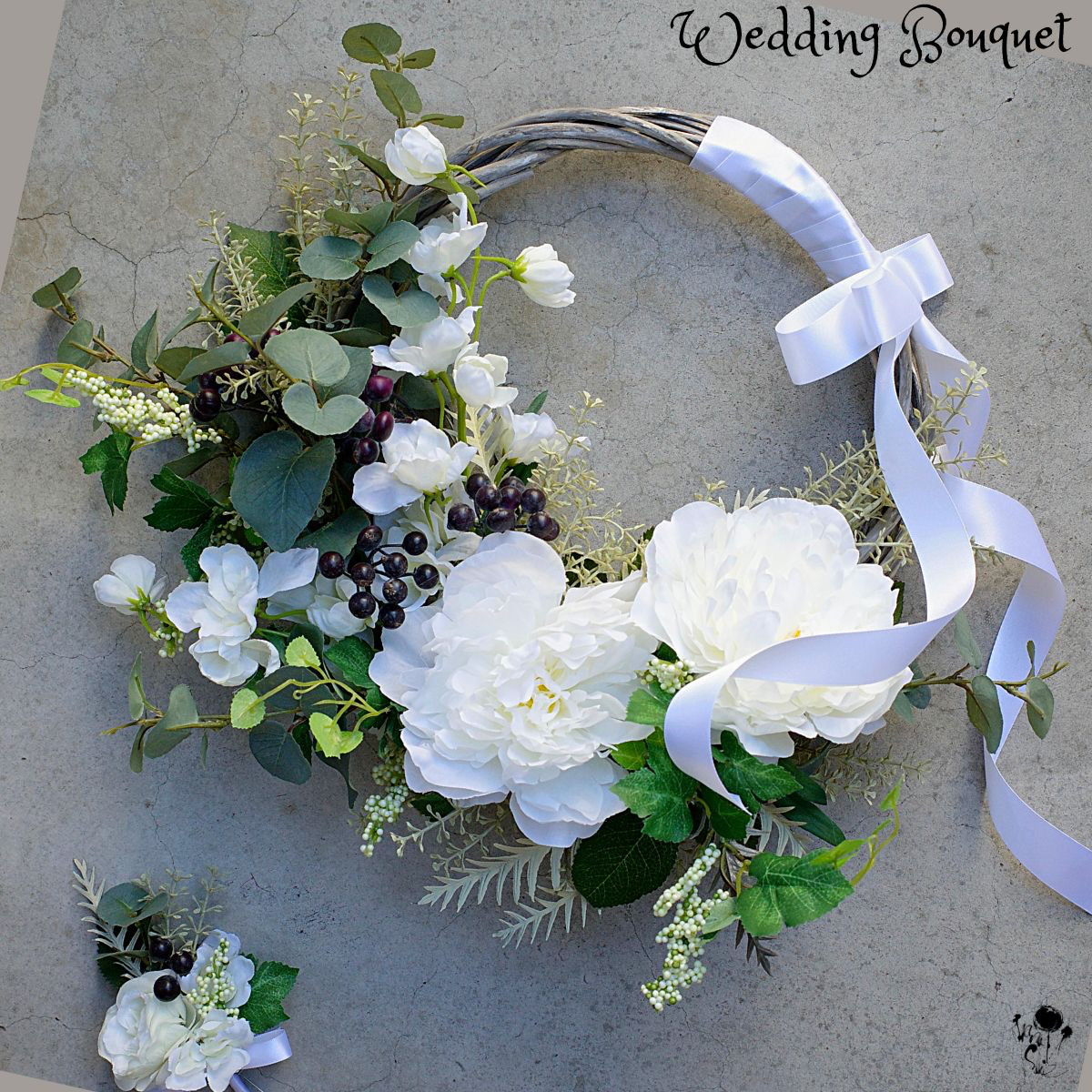 ピオニー リースブーケ 造花ブーケ お洒落 ウェディングブーケ ブーケ プレ花嫁 ブートニアセット 白 芍薬