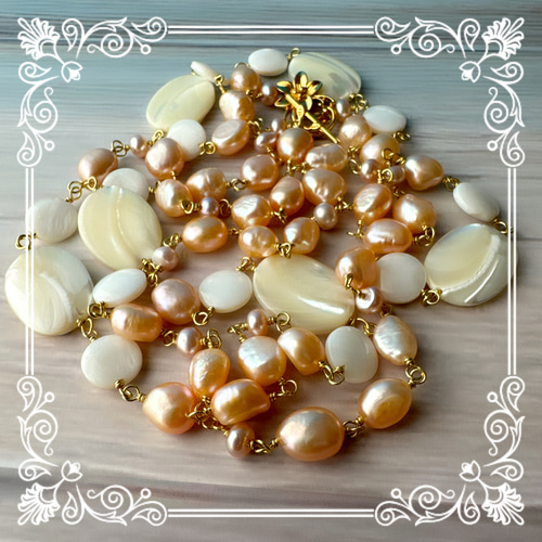 HNTK オレンジパール&シェル ロングネックレス N0668 ネックレス HNTK オレンジパール&シェル ロングネックレス N0668 ネックレス