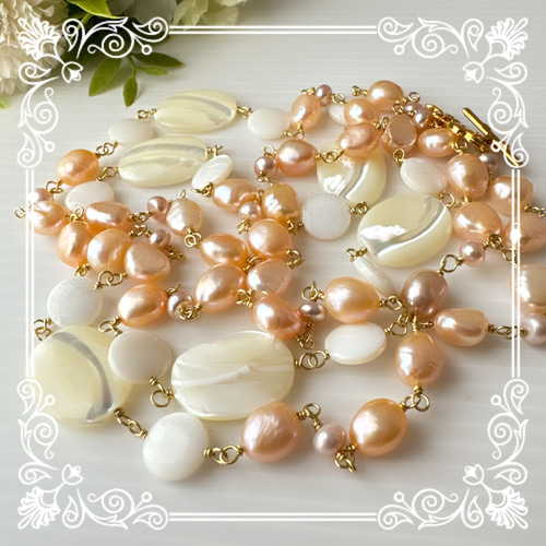 HNTK オレンジパール&シェル ロングネックレス N0668 ネックレス HNTK オレンジパール&シェル ロングネックレス N0668 ネックレス