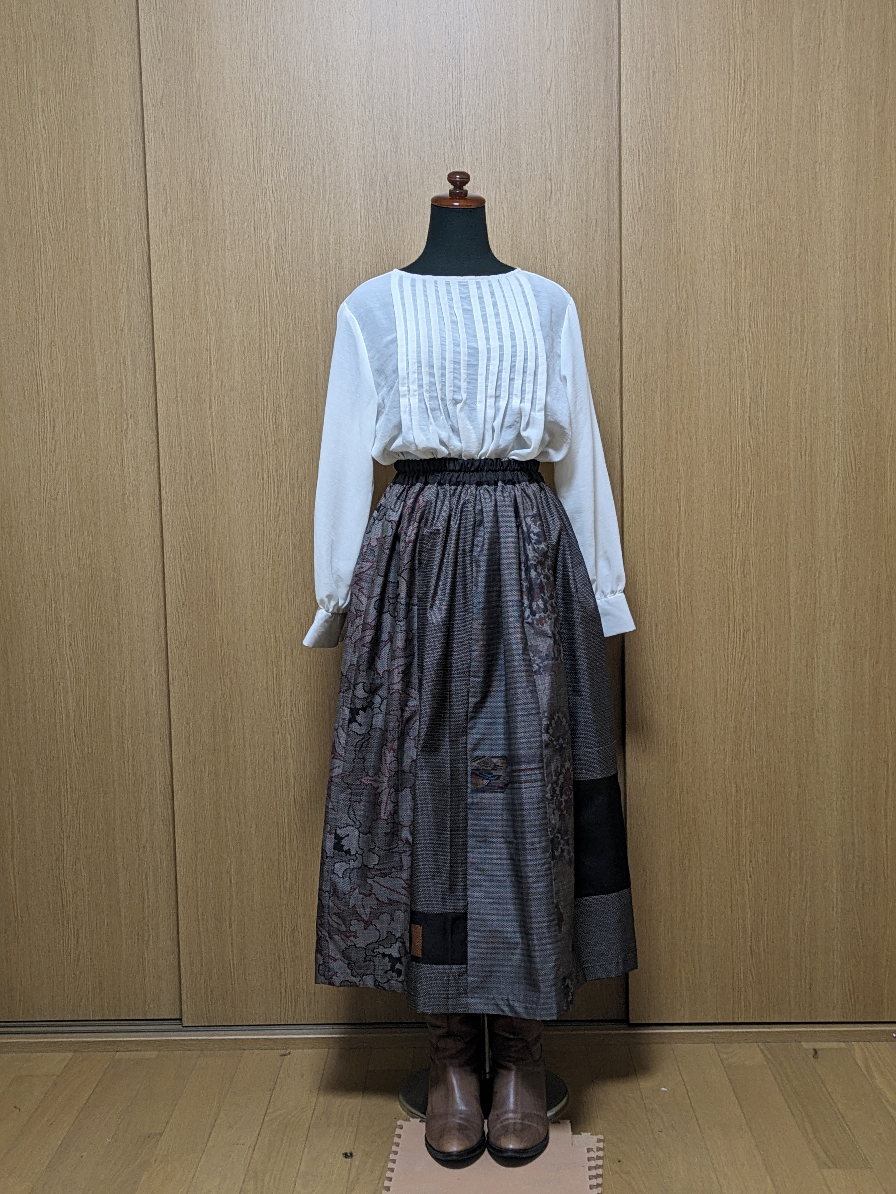 SOLD 着物リメイク ギャザースカート 大島紬M〜L 