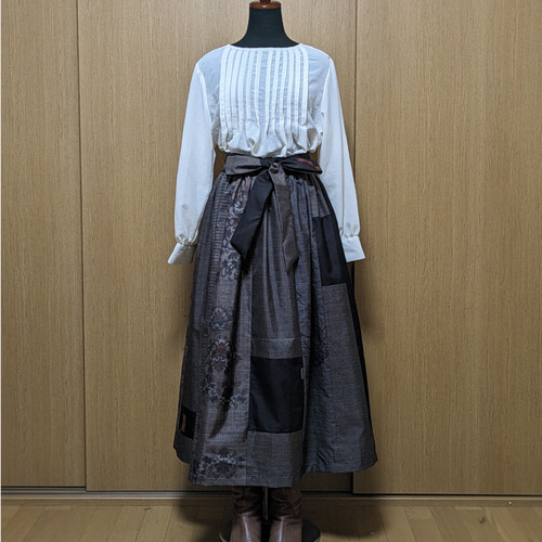 SOLD 着物リメイク ギャザースカート 大島紬M〜L フレアスカート さら  