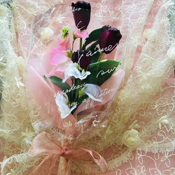 送料無料　母の日ギフト春の花束　ワインカラーのチューリップ　ピンク　パープルのスイートピー 3枚目の画像