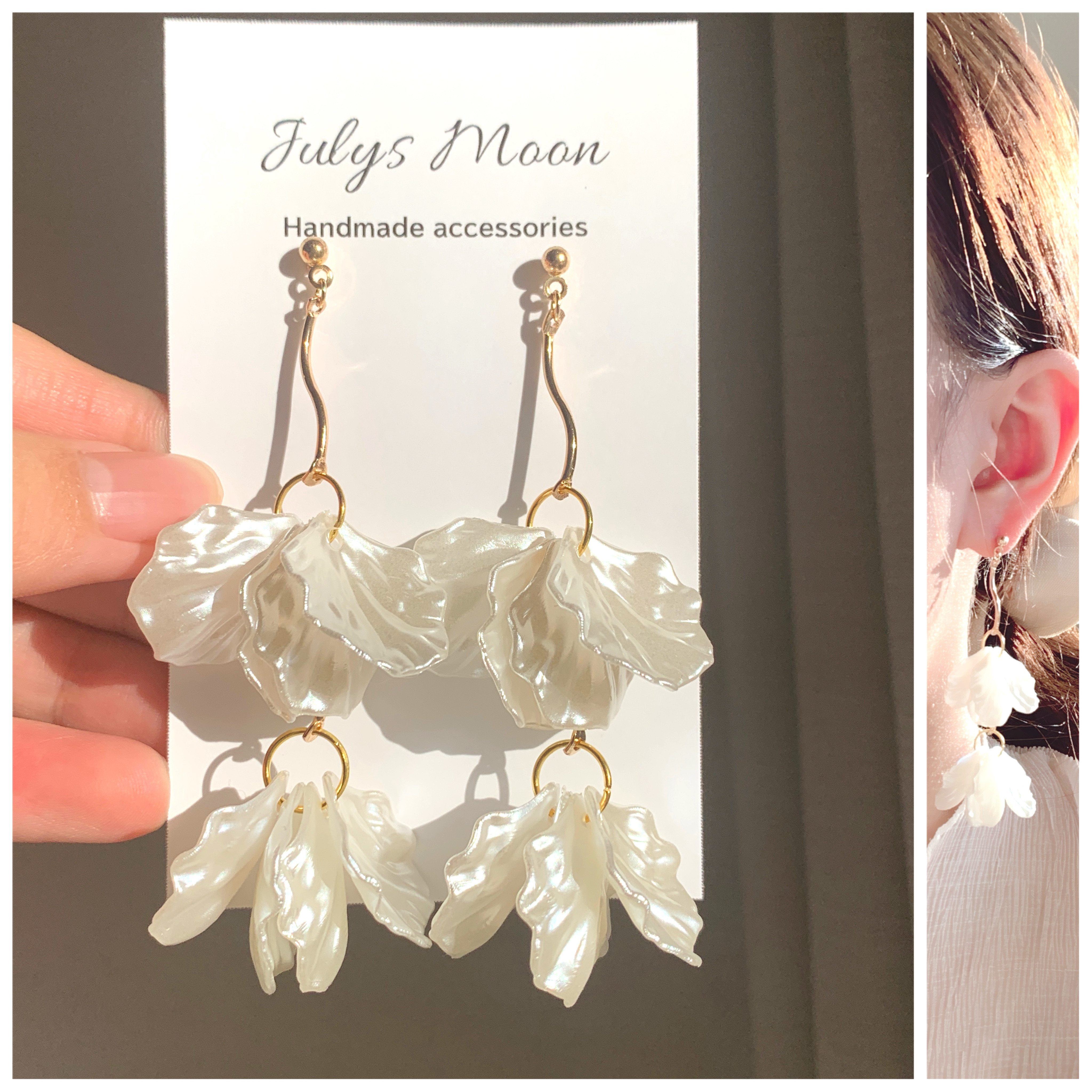 2連花びら ピアス/イヤリング （ホワイト&ゴールド） ピアス