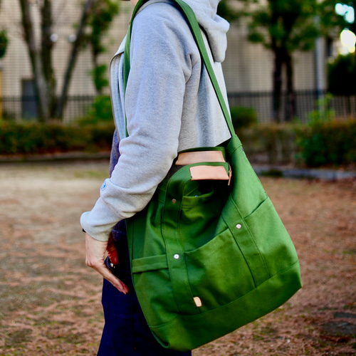 大容量 キャンバストートバッグ 若葉グリーンときなりナチュラル  