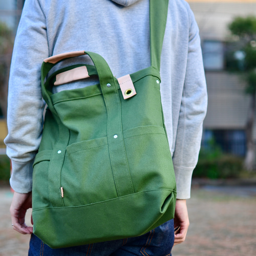 大容量 キャンバストートバッグ 若葉グリーンときなりナチュラルレザー