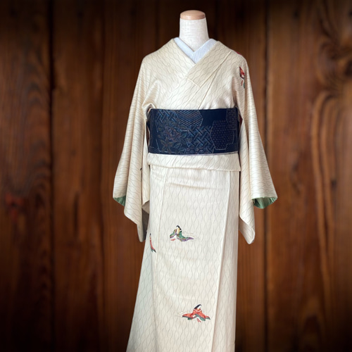 着物反物*黒紬亀甲花柄と網目模様青灰でお作りいたしました大人の半幅 