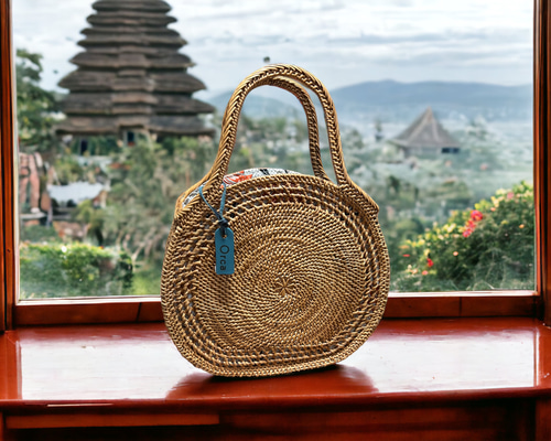 【美品】anuansリングハンドルラタンバッグ　カゴバッグ BAGMATI】リングハンドルラタンバッグ(F BLACK): ファッション