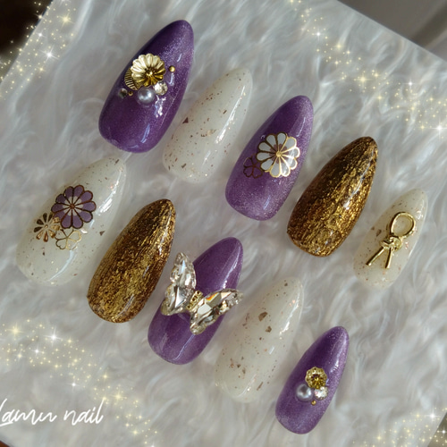 現品】和柄ネイルチップ 和装ネイル 和風ネイル 紫 成人式 ブライダル  