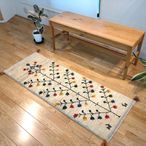 ペルシャ ギャッベ ミニランナー 116×40 茜色 生命の木 花 ペルシャ