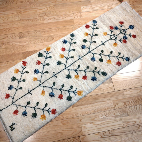 新規入荷】ペルシャ ギャッベ ランナー中 145×55 アイボリー 生命の木