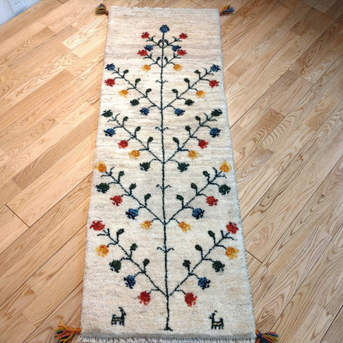 新規入荷】ペルシャ ギャッベ ランナー中 145×55 アイボリー 生命の木