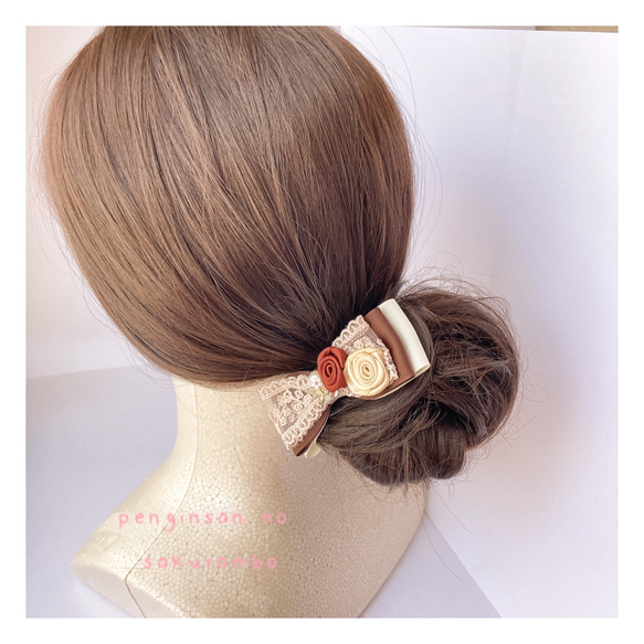 62.63.64.♪ローズリボン　ホワイト ブラウン ブラック　ヘアゴム/ヘアクリップ6cm（備考欄に記入お願いします) 2枚目の画像