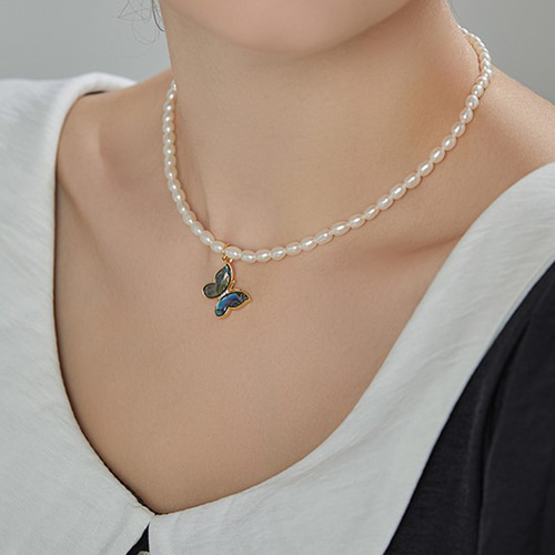 淡水パールのネックレス アワビ貝殻 蝶々 淡水真珠 淡水パール 6月の