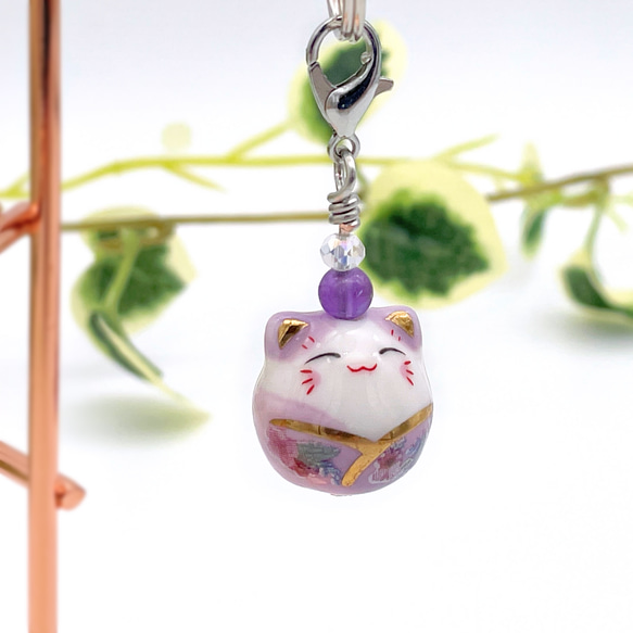 セラミック猫チャーム｜選べる天然石4mmと金具カラー｜陶器ビーズの