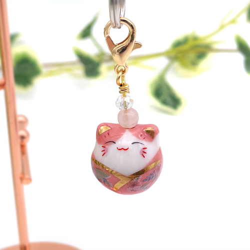 セラミック猫チャーム｜選べる天然石4mmと金具カラー｜陶器ビーズの