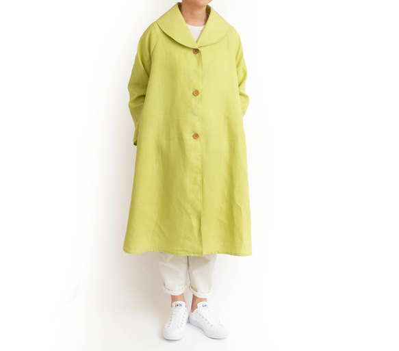 新作【大人のための可愛いコート】リネン　レモングリーン　サイズSML　体形に合わせてお作りもできます 3枚目の画像