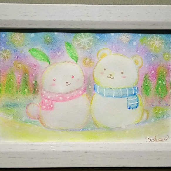 パステル＆水彩画　ウサギとクマの仲良し雪だるま　原画 2枚目の画像