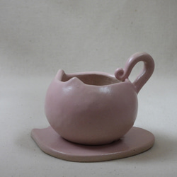 ピンクネコちゃん陶製植木鉢(ネコ皿付き) 1枚目の画像