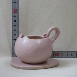 ピンクネコちゃん陶製植木鉢(ネコ皿付き) 14枚目の画像