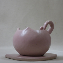 ピンクネコちゃん陶製植木鉢(ネコ皿付き) 2枚目の画像