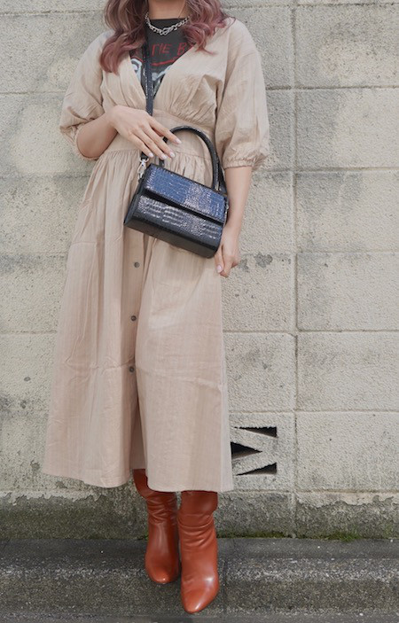 V-Neck Puffsleeve Flare Long Onepiece (beige) ロング丈ワンピース ベージュ
