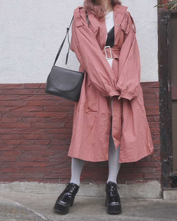 Balloon Sleeve Military Long Jacket Coat (pink)*with Belt 3枚目の画像