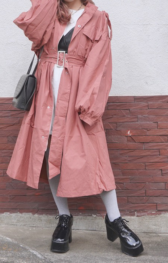 Balloon Sleeve Military Long Jacket Coat (pink)*with Belt 1枚目の画像