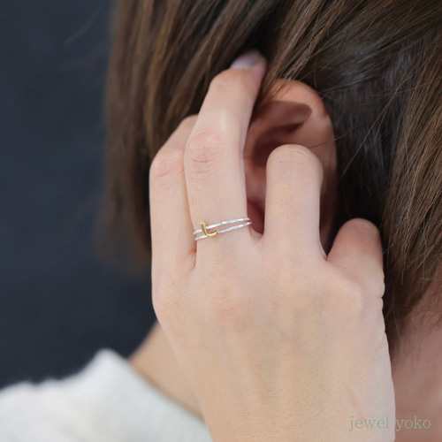 K18 silver950コンビ】cote コンビリング 普段使い バー 重ね