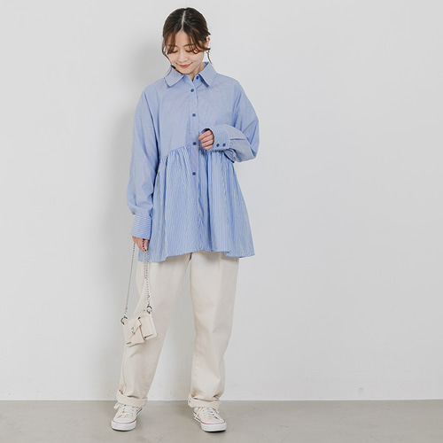 極美品 フィーニー ギャザー ストライプ バンドカラー チュニック シャツ 茶色 極美品 フィーニー ギャザー ストライプ バンドカラー