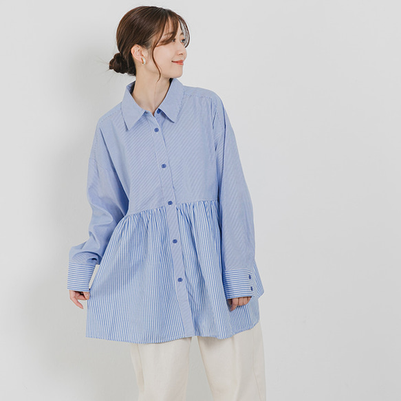全3色】ストライプ ギャザー切り替えチュニックシャツ ブラウス 全3色】ストライプ ギャザー切り替えチュニックシャツ ブラウス