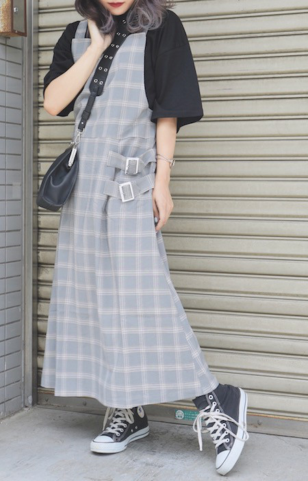 Belted Design Check Salopette Skirt ロング丈ワンピース チェック柄 カジュアル