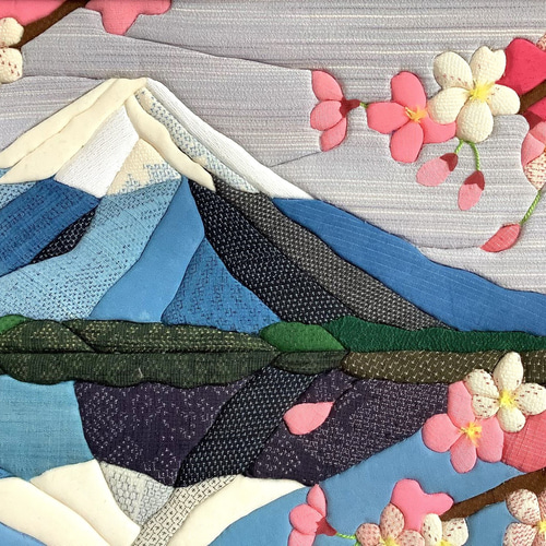 【時間指定不可】 塩沢織木目込みパッチワーク 桜と逆さ富士 その他アート tsumugi クラフト・布製品