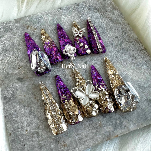 ゴールドパープルラメグリッターグラデーションパーツ派手ネイルチップ